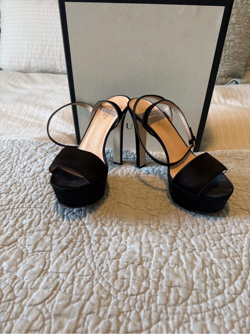 Gucci Black Satin Platform Ankle-Strap Sandals